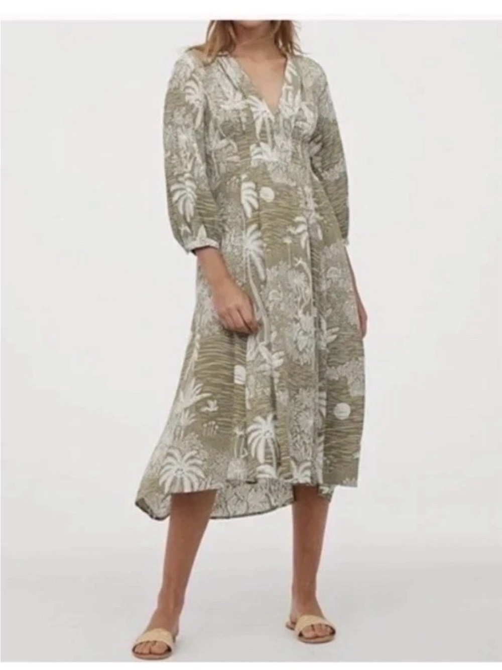 Desmond & Dempsey H&M  Green Floral Tropical Flowy Linen Blend Midi Dress M